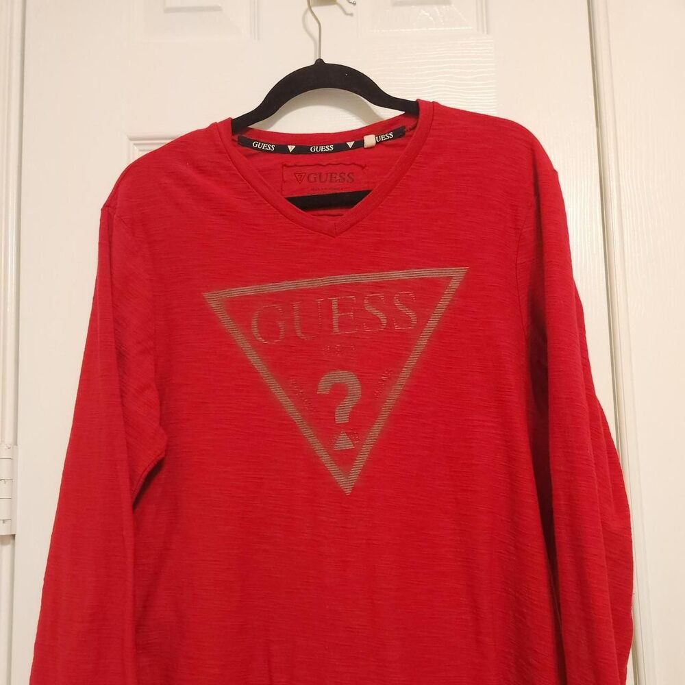 GUESS Red Slub Cotton Vintage y2k Long Sleeve V-Neck Medium